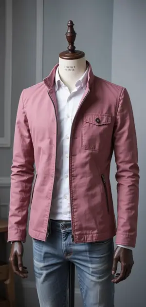 Pink linen jacket styled with a white shirt and denim jeans.