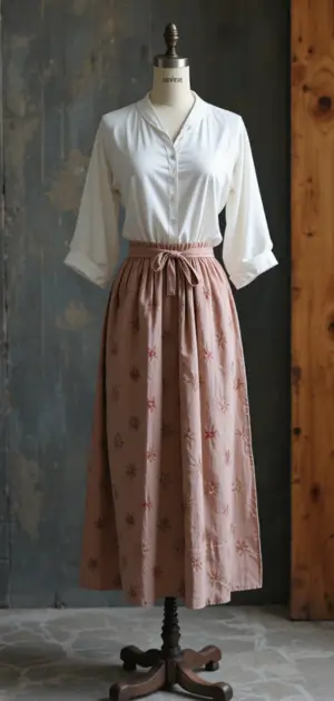 Floral pink linen skirt with a white top, perfect for a soft, feminine look.
