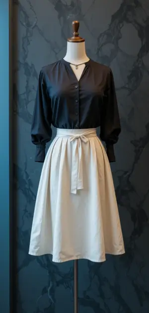 Black button-up blouse with a white midi skirt and sash belt.