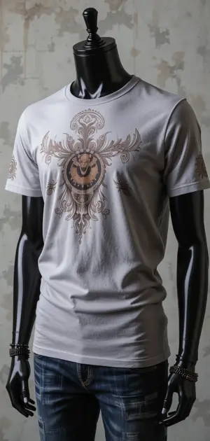 Grey t-shirt with intricate decorative prints on a mannequin.