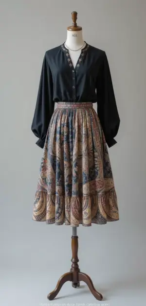 Neutral printed boho skirt paired with a black blouse and gathered waist.
