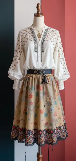 Mannequin in beige floral polyester skirt and intricately embroidered blouse.