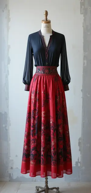 Elegant long red skirt with black floral prints and a dark top.