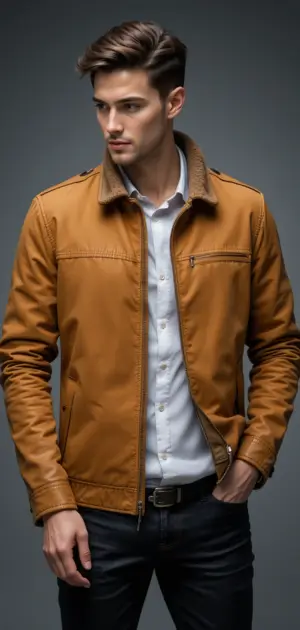 A tan jacket with a zip-up design, worn with a button-up shirt.