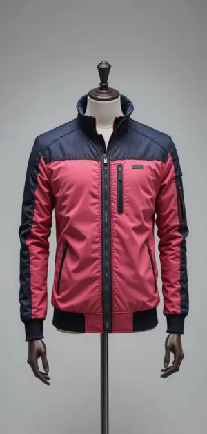 Men's red and navy sports jacket with contrast sleeves.