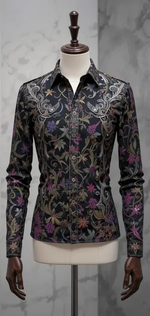 Black dress shirt featuring intricate floral and paisley embroidery design.