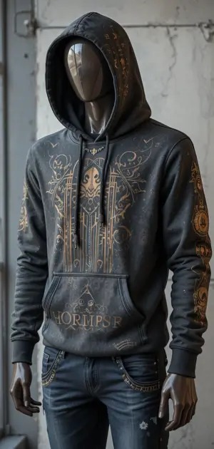 Black streetwear hoodie with gold gothic-style patterns and hood.