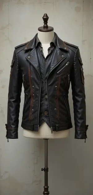 A stylish black streetwear jacket with a biker aesthetic and bold details.