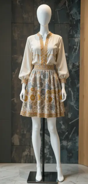 Floral streetwear skirt with matching blouse, styled for a bohemian vibe.