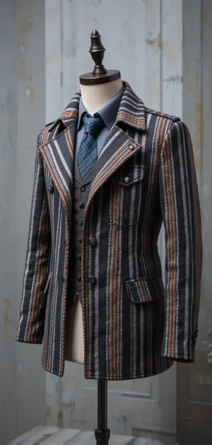A men's coat with multicolored stripes and a smart-casual look.