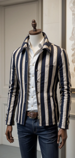 Men's navy and white striped jacket with a tailored fit and button details.
