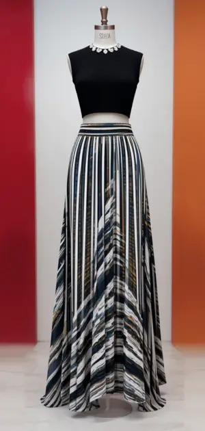 Black long-sleeve blouse paired with a patterned striped maxi skirt.