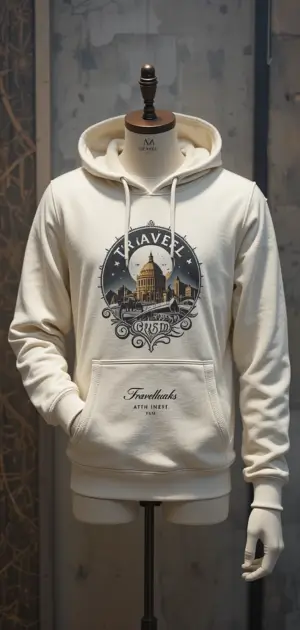 Beige hoodie with a travel print and relaxed fit for stylish travel.