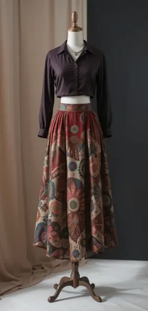 Maxi floral skirt with burgundy tones and a cropped dark blouse.