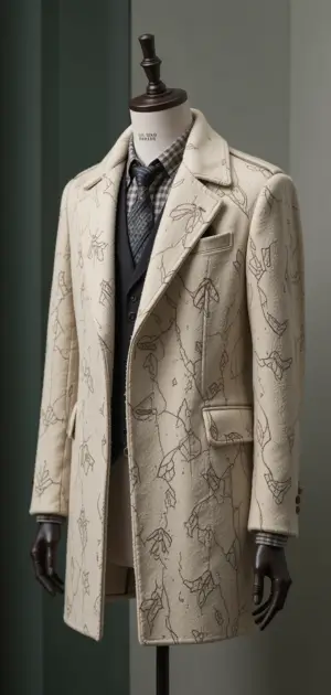 Cream coat with elegant embroidered leaves and structured tailoring.