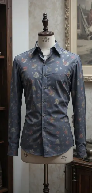 A stylish dark blue floral dress shirt with a vintage-inspired design.
