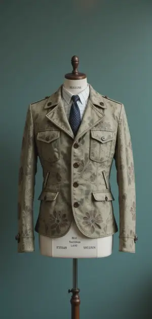 A vintage khaki blazer featuring floral embroidery and classic lapels.