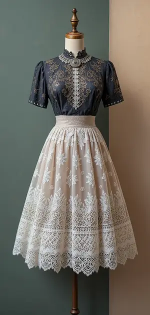 Knee-length lace wedding skirt styled with black embroidered blouse.