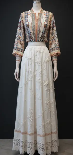White skirts styled in boho-chic fashion with embroidered blouses.