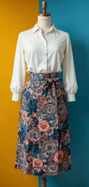 Colorful floral A-line office skirt with a waist tie and white blouse.