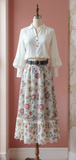 White button-up blouse paired with a floral midi skirt and a black belt.