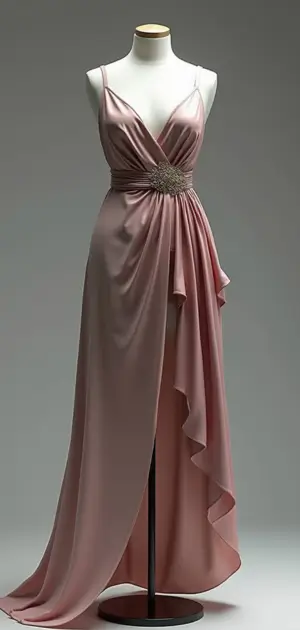 Blush pink gown with a beaded waist detail and asymmetric draping on a mannequin.