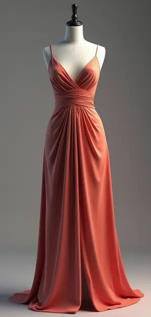 Elegant coral evening gown with a ruched bodice and flowing skirt on a mannequin.