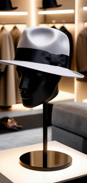 A silver Hat with a black bow ribbon on a black mannequin.