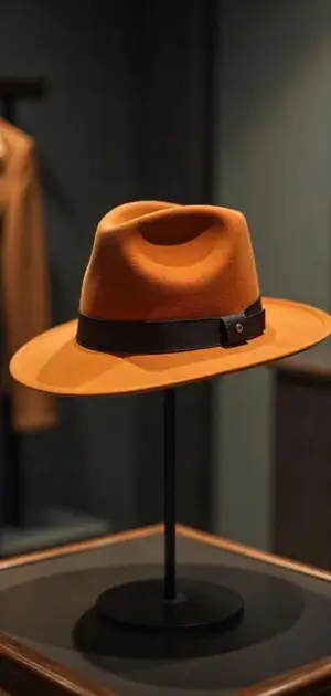 A burnt orange Hat with a black ribbon on a display stand.