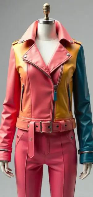 Vibrant multicolored biker jacket with a belted waist on a mannequin