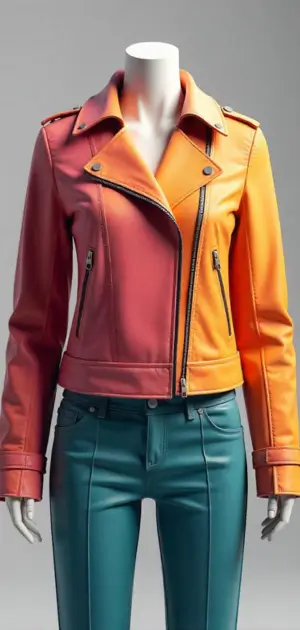 Two-tone orange and pink biker jacket styled with teal trousers on a mannequin