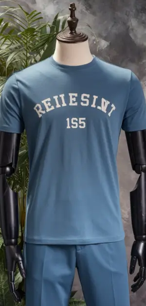 Blue athletic-style T-shirt with bold white lettering, paired with matching trousers
