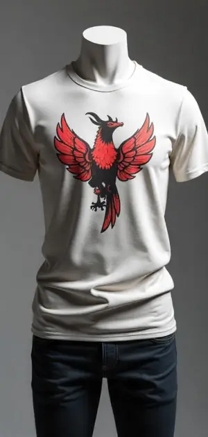 White T-shirt with a striking red and black phoenix graphic, paired with dark jeans.