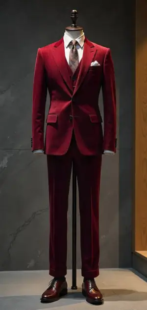 Burgundy three-piece suit with a patterned tie.