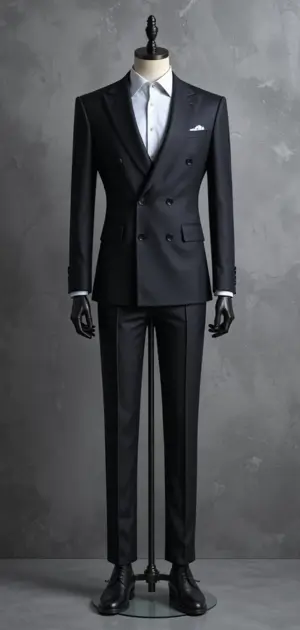 Black double-breasted suit with a crisp white shirt.