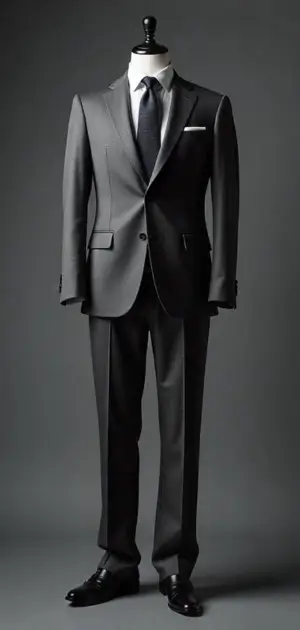 Classic charcoal grey suit with a white pocket square