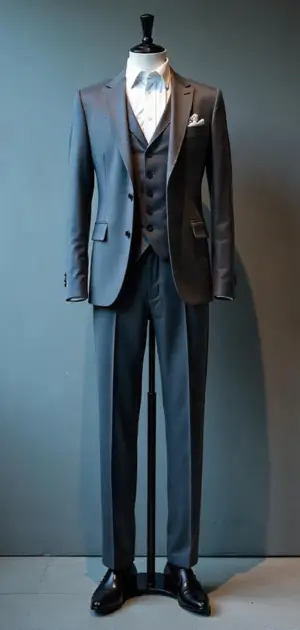Classic grey suit with a crisp white shirt on a mannequin