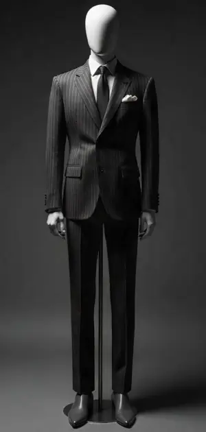 Black pinstriped suit with a white pocket square on a mannequin