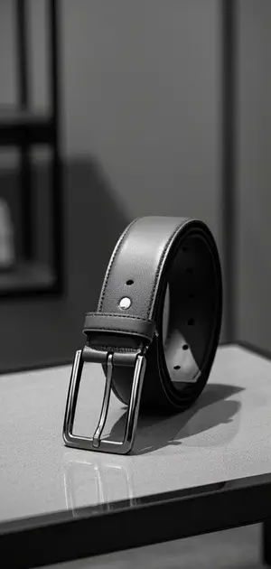A black leather belt with a silver buckle in a moody setting.