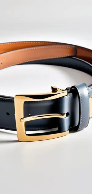 A stylish navy leather belt with a gold buckle.