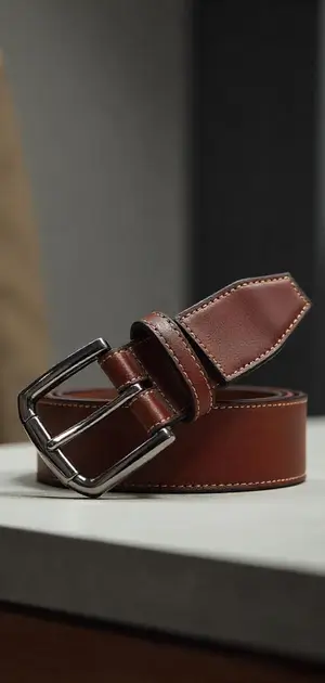 brown leather belt with contrast stitching and a silver buckle