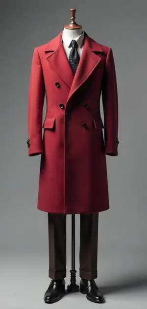 tailored deep red double-breasted overcoat with peak lapels, layered over a brown suit with a dark tie and polished black shoes.