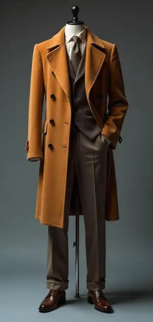 Elegant golden-brown overcoat with a coordinating suit