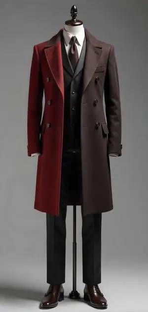 Stylish two-tone overcoat in deep brown and burgundy.
