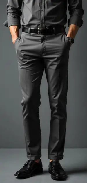 Man wearing charcoal gray trousers with a black dress shirt and black shoes.