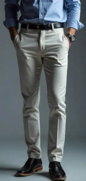 Man in off-white chinos with a light blue dress shirt and black shoes.