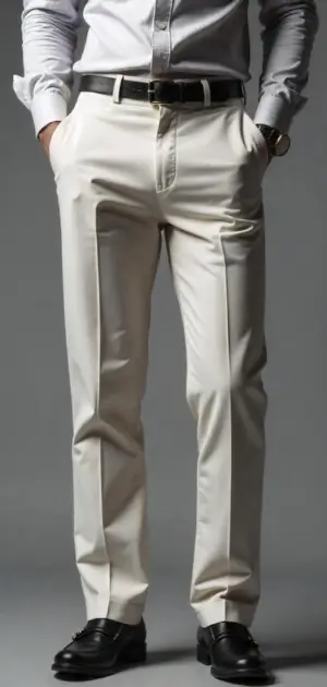 Man in cream-colored dress trousers with a gray dress shirt and black shoes.
