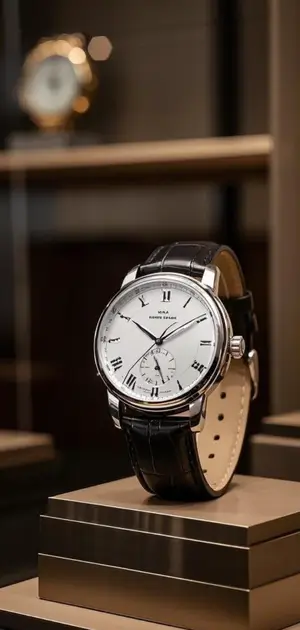 Luxury silver chronograph watch with a skeleton dial and black leather strap