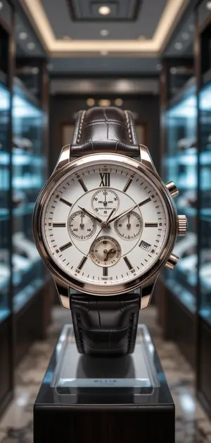 Classic silver and white chronograph watch with a brown leather strap