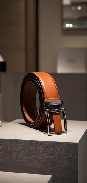 A two-tone tan and black leather belt with a silver buckle